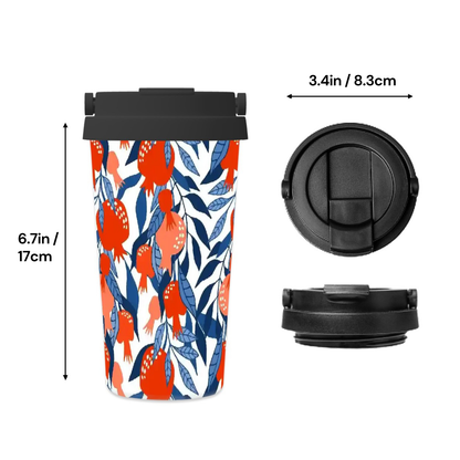 Floral-patterned travel mug with black lid, measurements indicated.