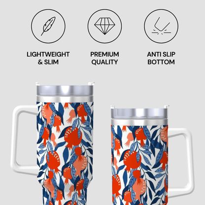 Two floral-patterned tumblers with features listed above them on a light gray background.