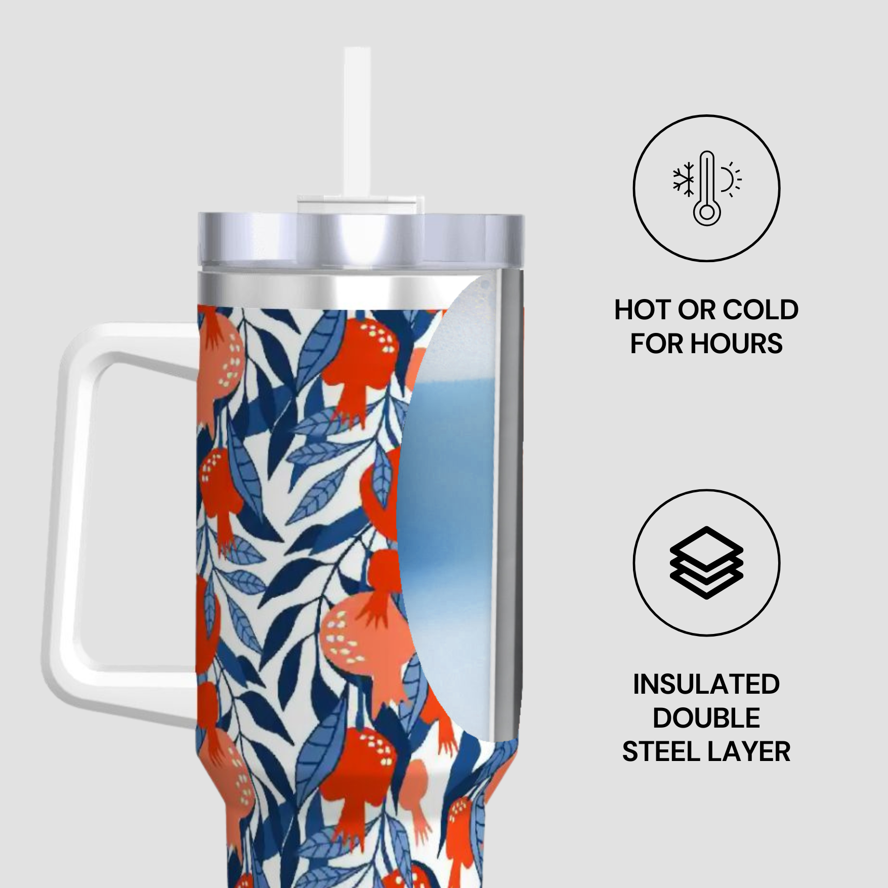 Insulated tumbler with floral design on a white background