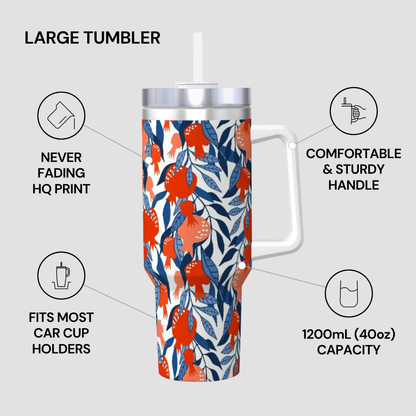 Large tumbler with floral pattern on a gray background, featuring text about its features.