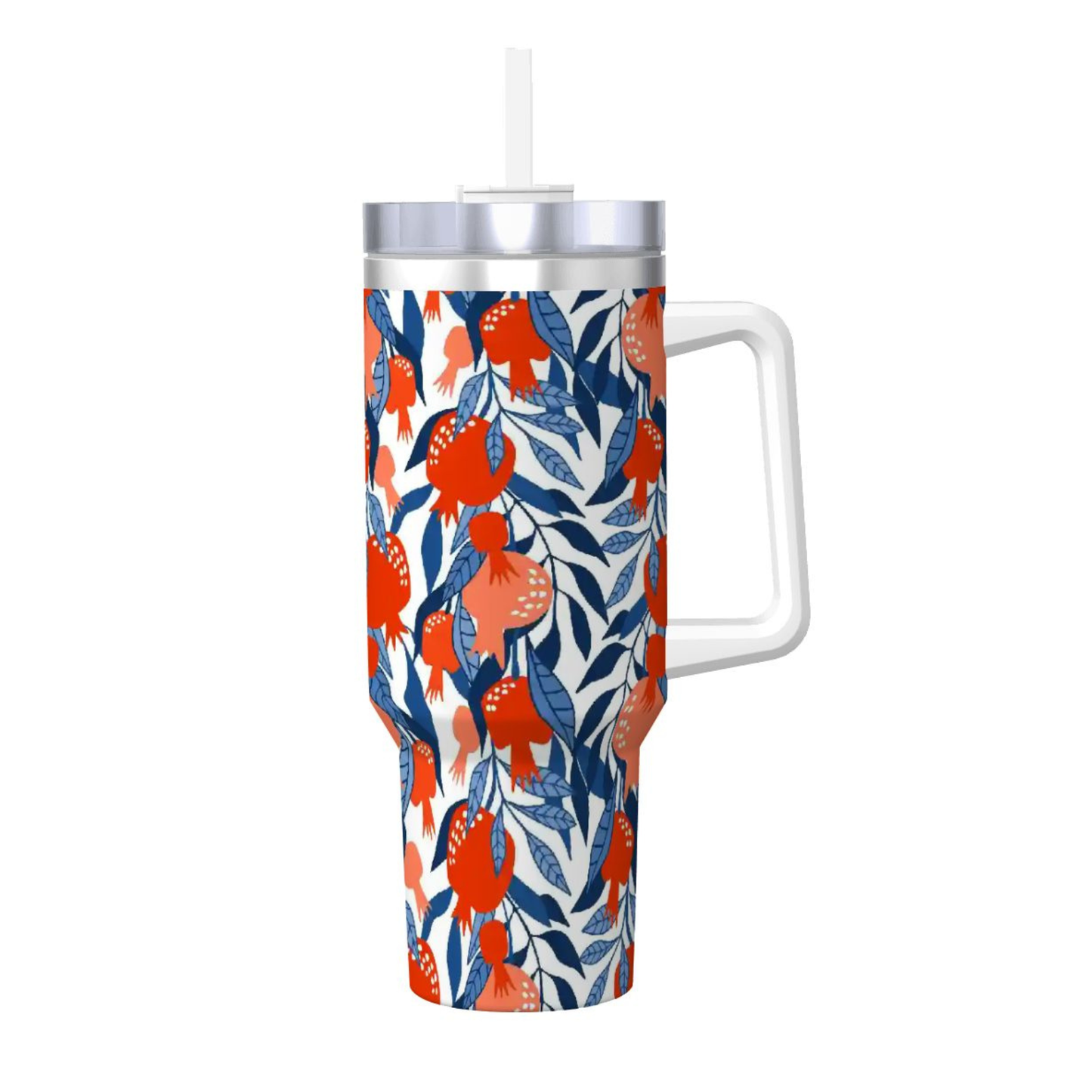 Tumbler with floral pattern and handle on a white background
