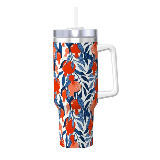 Tumbler with floral pattern and handle on a white background