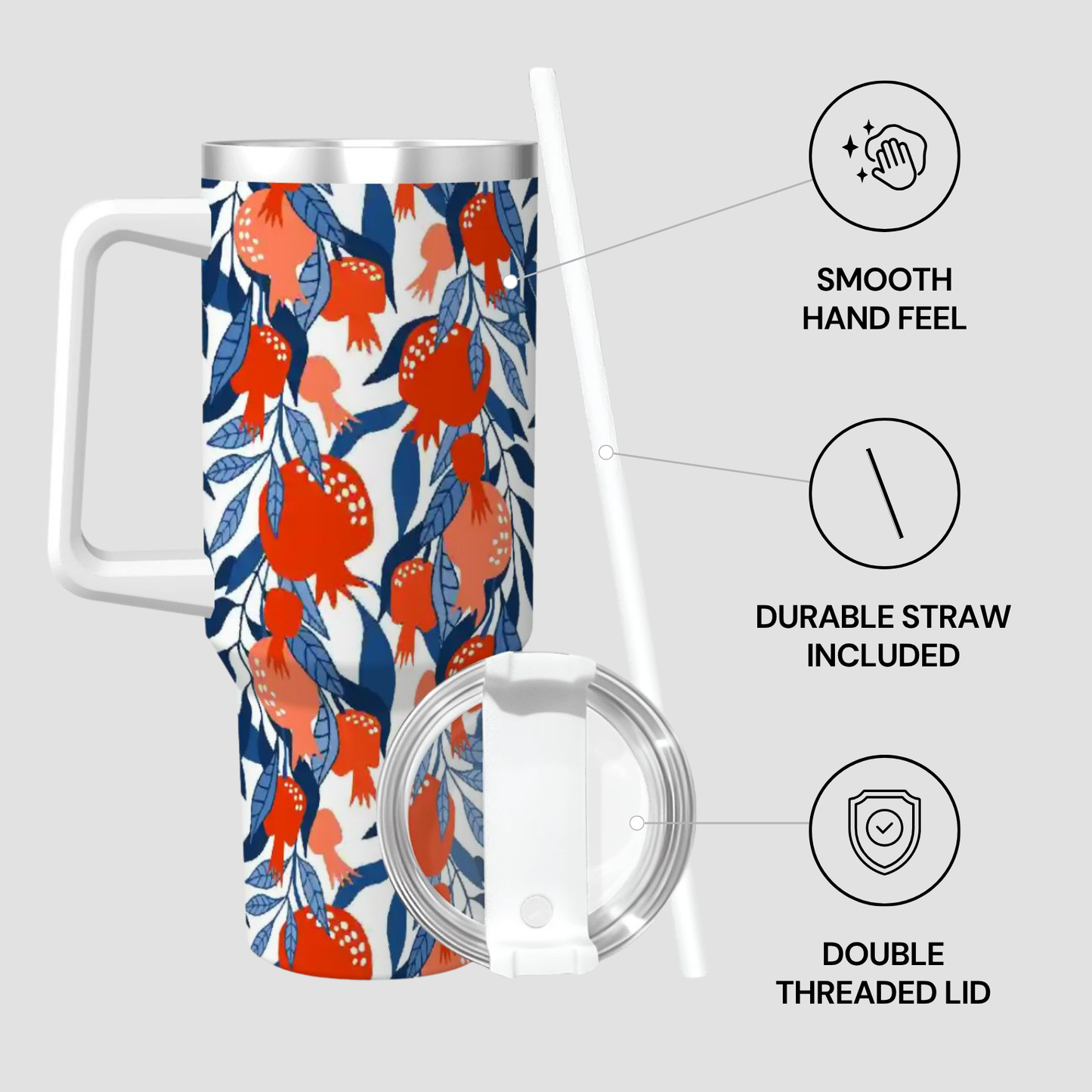 Travel mug with floral pattern, straw, and lid on a light gray background