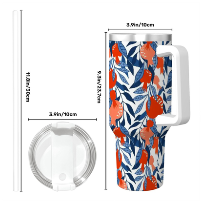 Floral-patterned tumbler with measurements on a white background