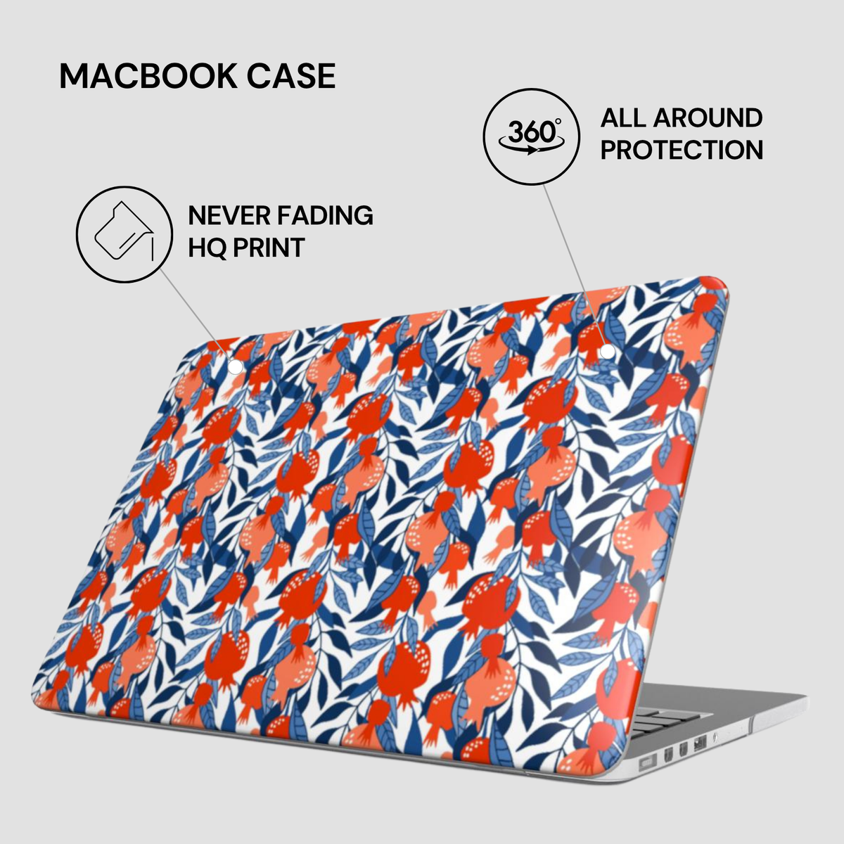Floral patterned MacBook case with text highlighting features on a white background