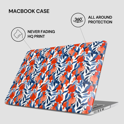 Floral patterned MacBook case with text highlighting features on a white background