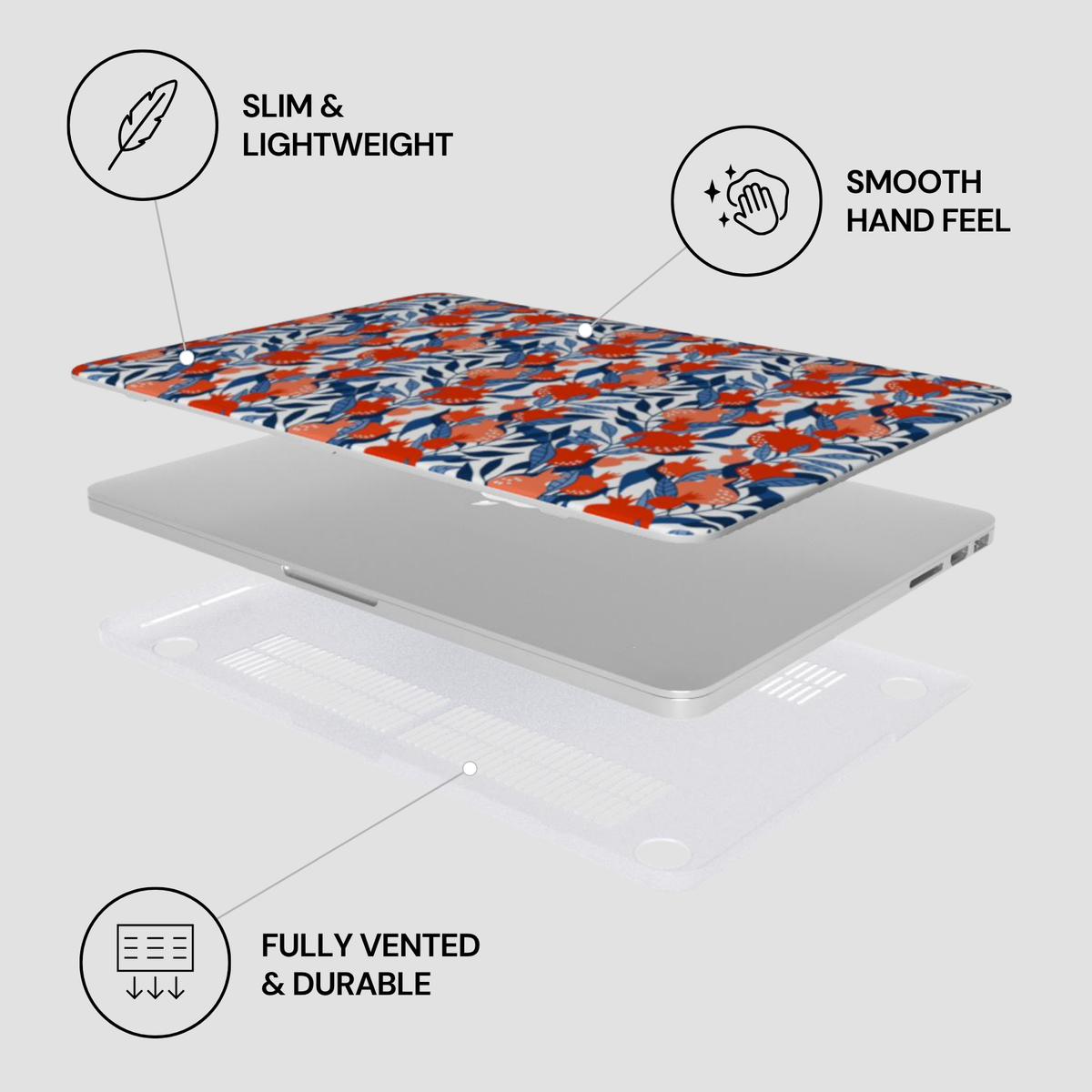 Laptop with floral design case on a white background, featuring text labels about features.