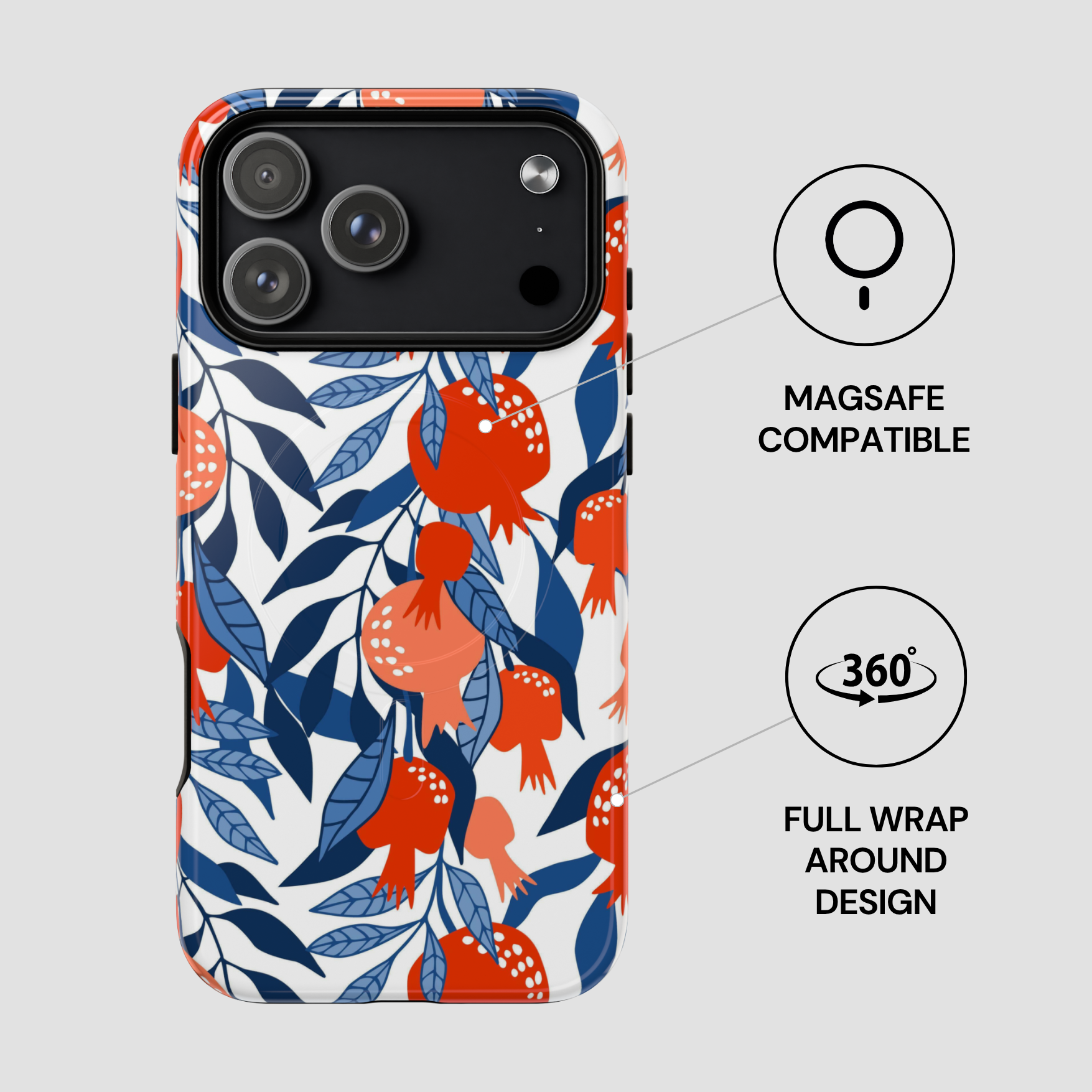 Phone case with pomegranate design and Magsafe compatibility on a white background
