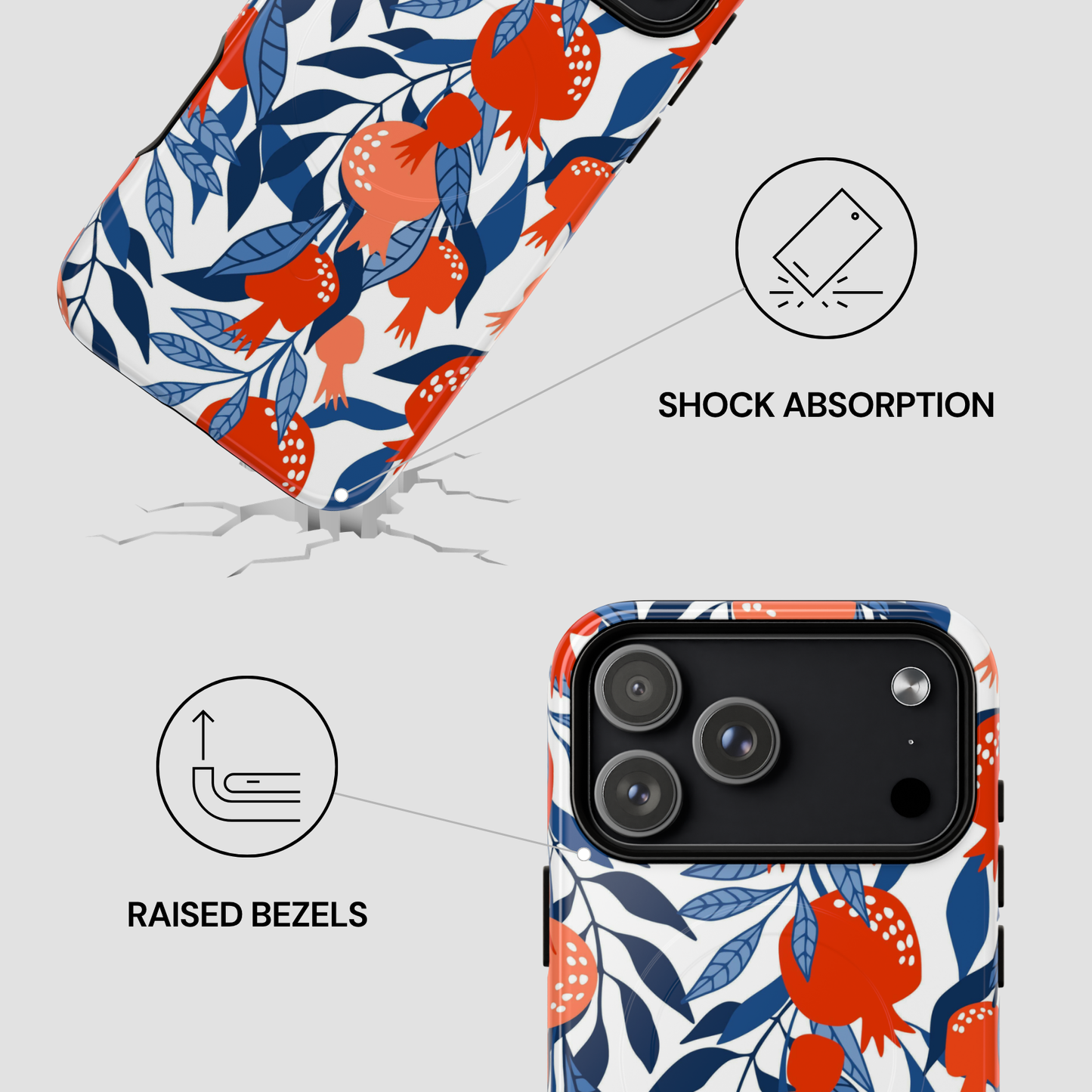 Phone case with floral design and features highlighted on a white background