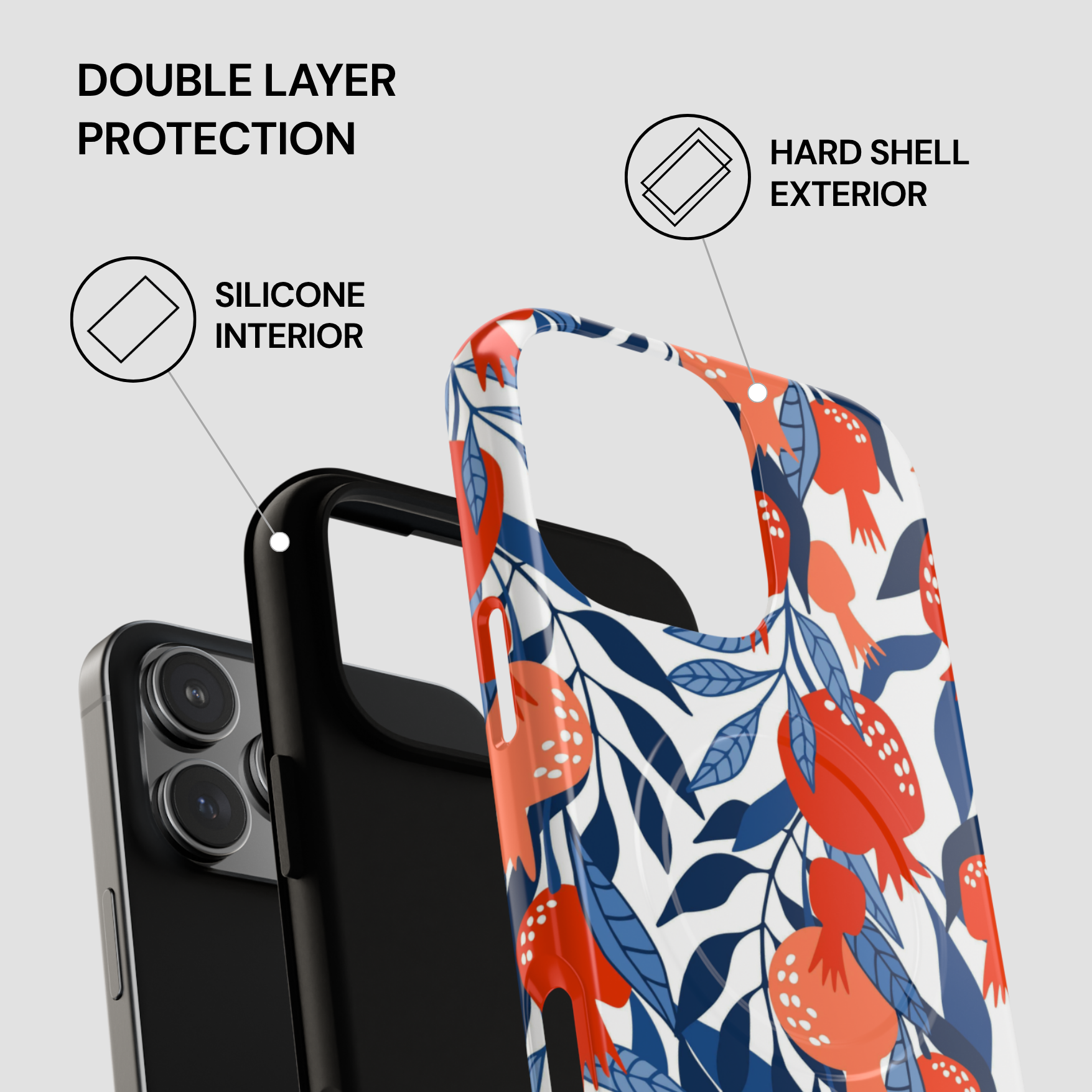 Phone case with floral design on a white background, highlighting double layer protection.