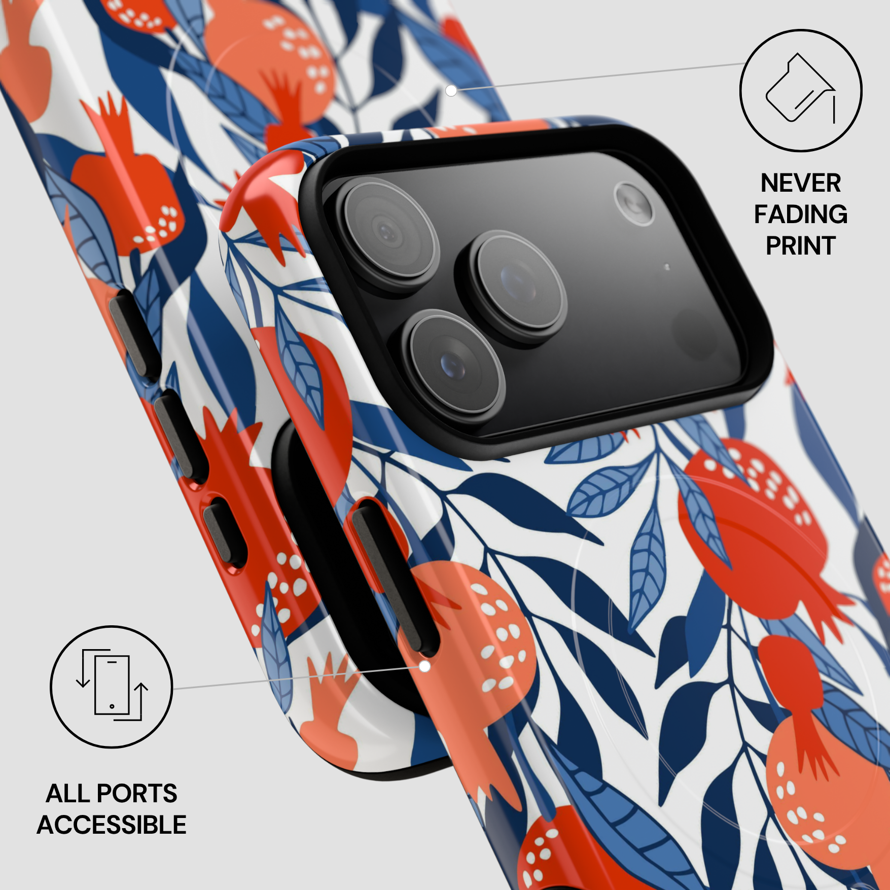 Phone case with floral design and text 'Never Fading Print' and 'All Ports Accessible'.