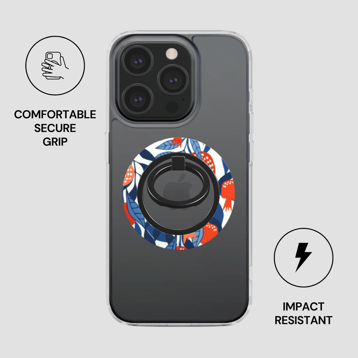 Phone case with a colorful ring holder on a gray background