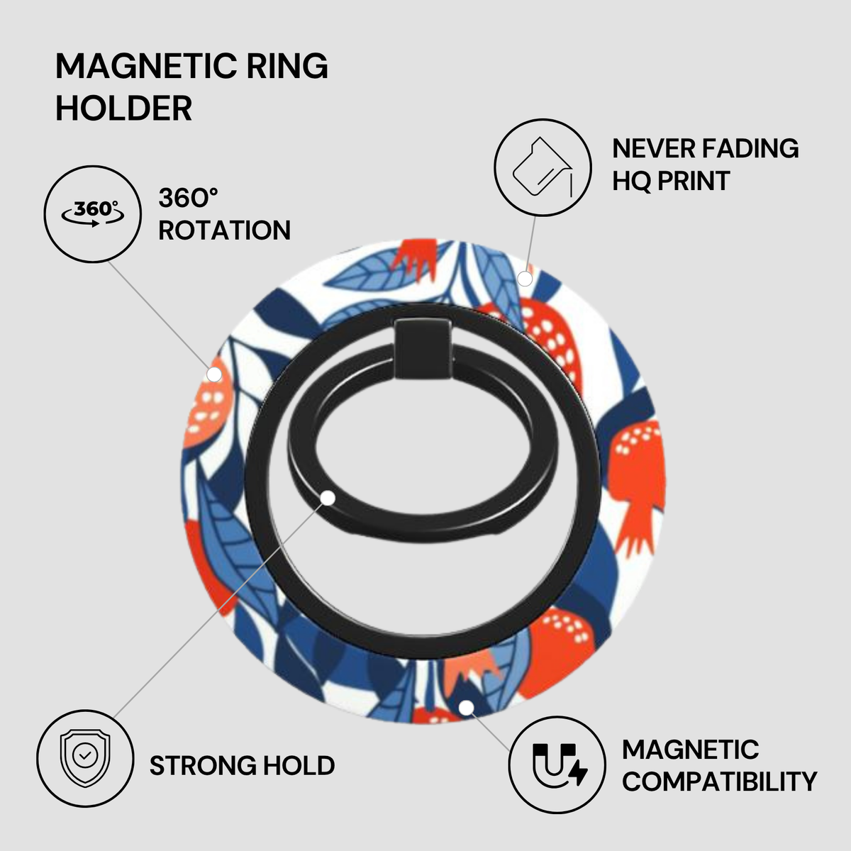 Magnetic ring holder with colorful design on a gray background