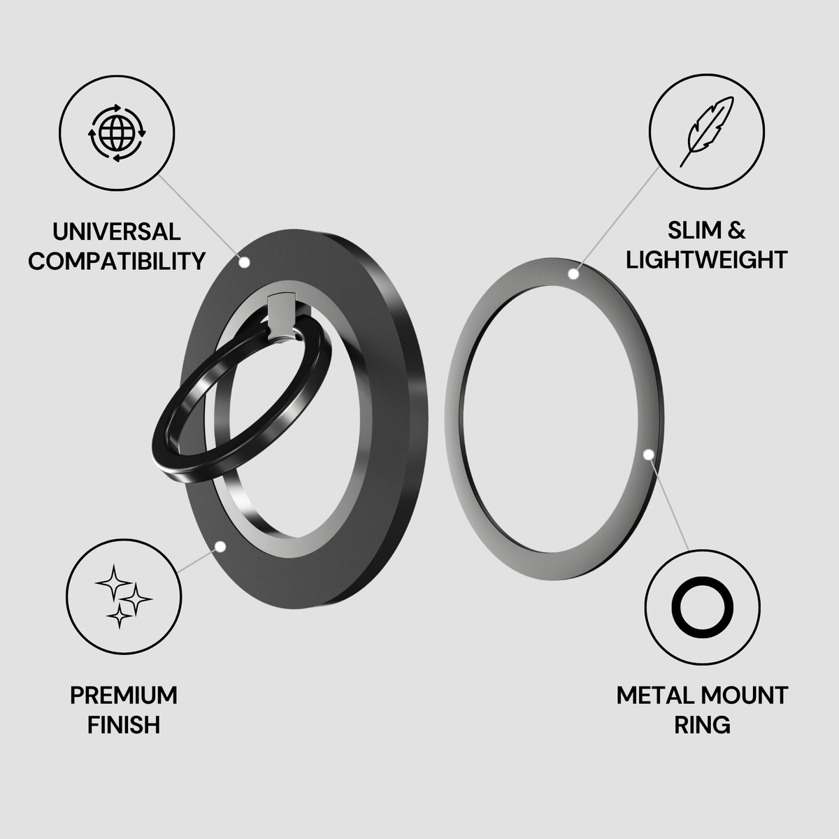 Metal mount ring with features highlighted on a light gray background