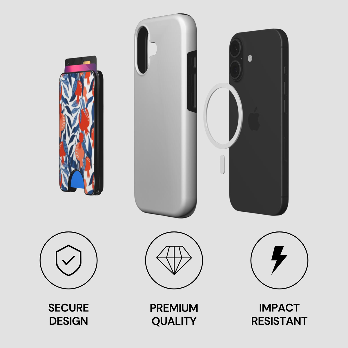 Exploded view of Pom Blossom Magnetic Wallet with phone, case, and magnetic ring components