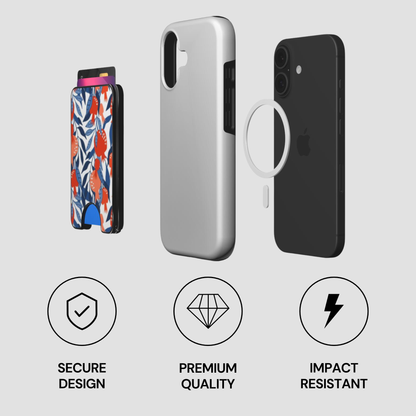 Exploded view of Pom Blossom Magnetic Wallet with phone, case, and magnetic ring components