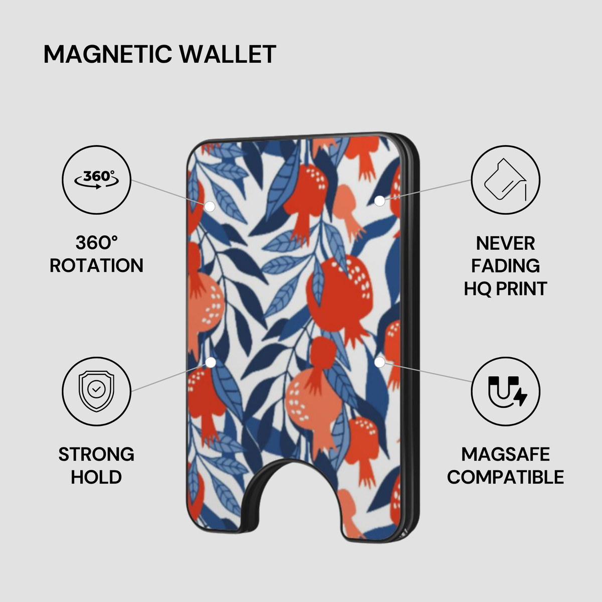Pom Blossom Magnetic Wallet with feature callouts including strong hold, MagSafe compatible, and HQ print