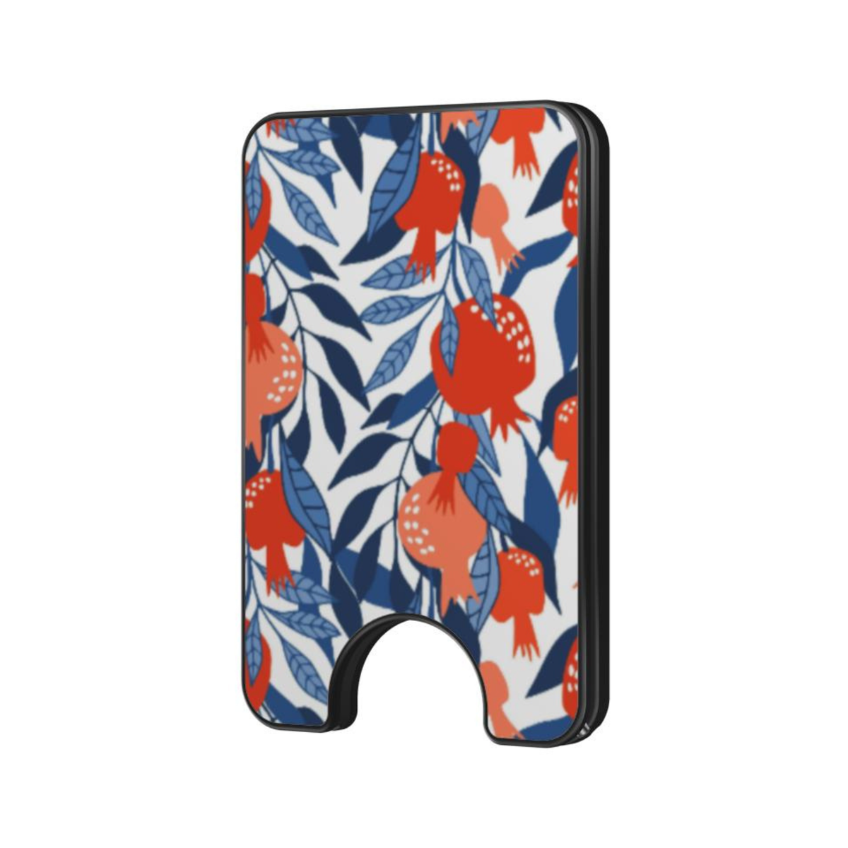 Pom Blossom Magnetic Wallet with a botanical pattern featuring coral blossoms and blue leaves