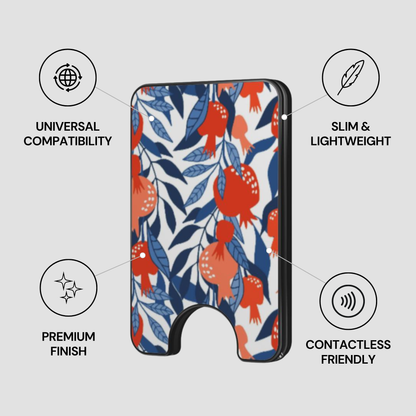Pom Blossom Magnetic Wallet showing secure design, premium quality, and impact resistant features