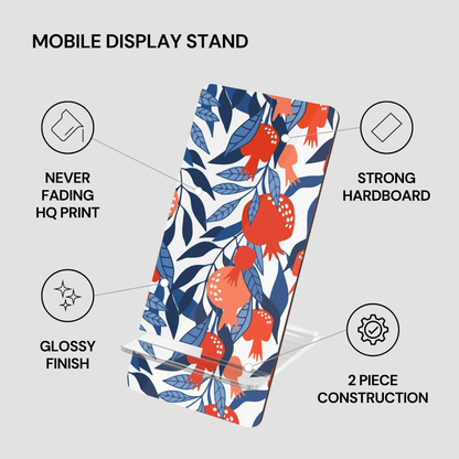 Mobile display stand with floral design on a gray background, featuring text about its features.