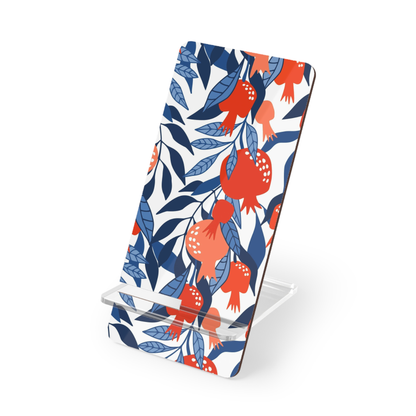 Phone stand with pomegranate and leaf pattern on a white background