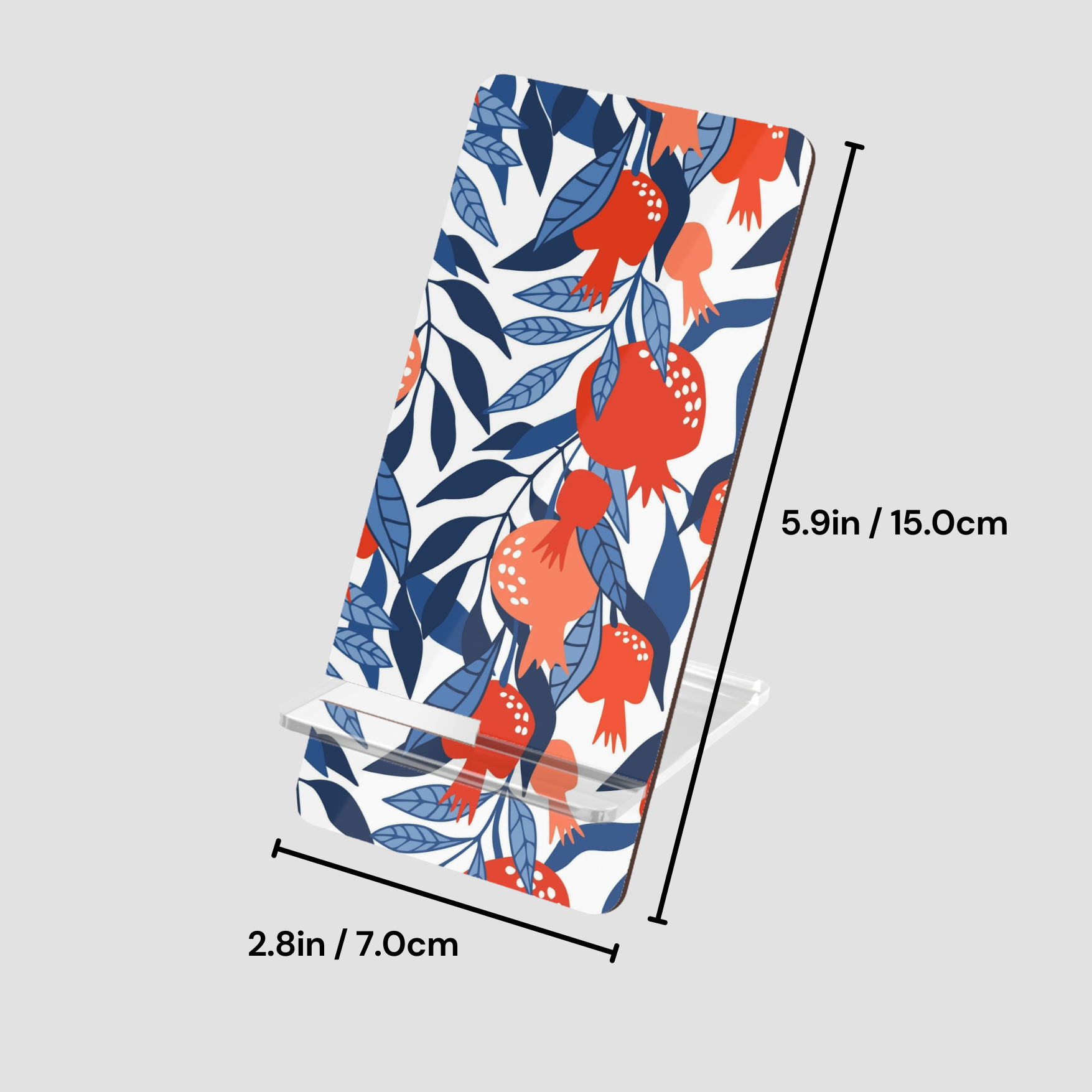 Phone case with pomegranate and leaf pattern, shown with dimensions on a light gray background