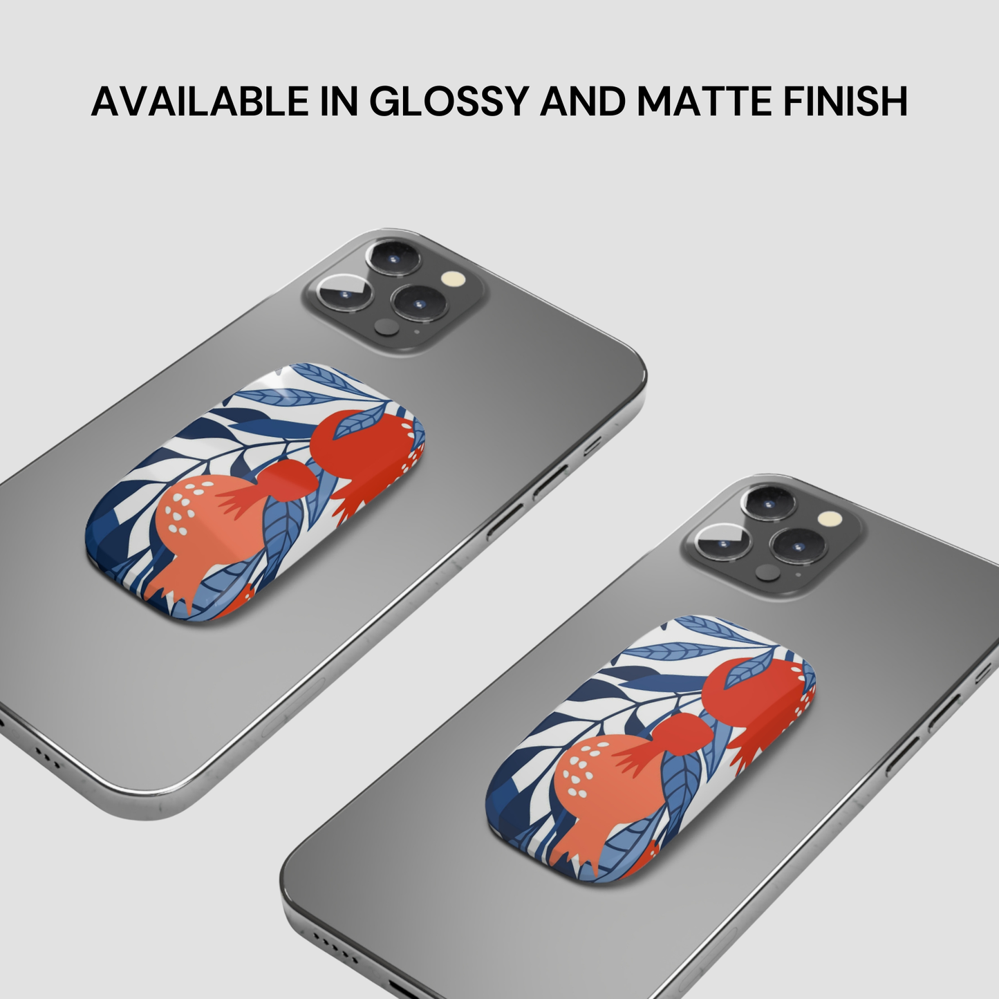Two phone cases with floral design on a gray background, text indicating finish options.