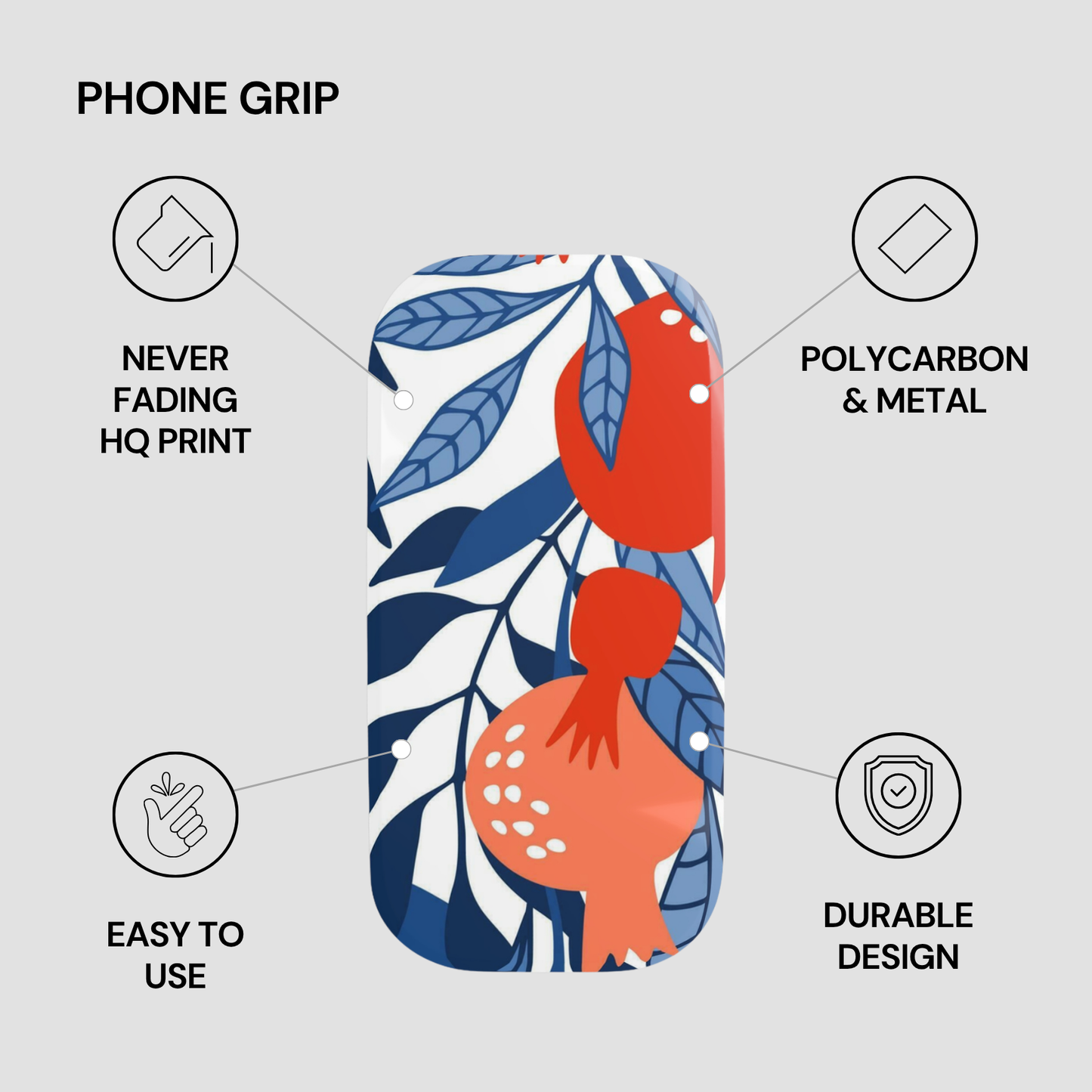 Phone grip with floral design and feature text on a gray background