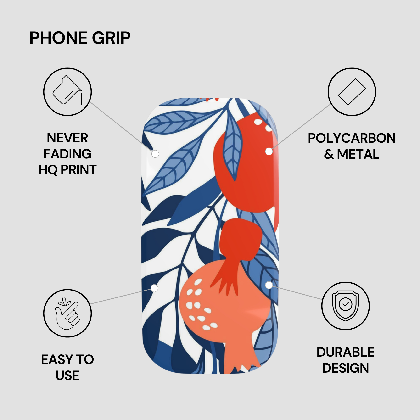 Phone grip with floral design and feature text on a gray background