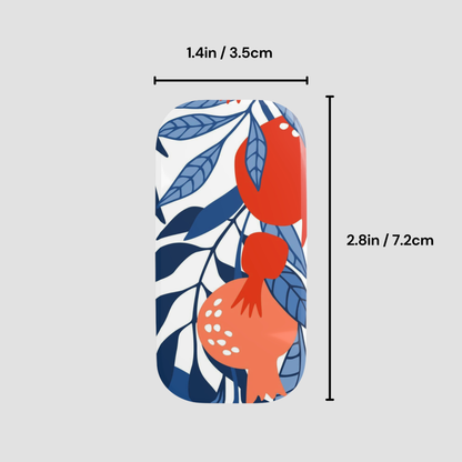 Phone case with red floral design and measurements on a gray background