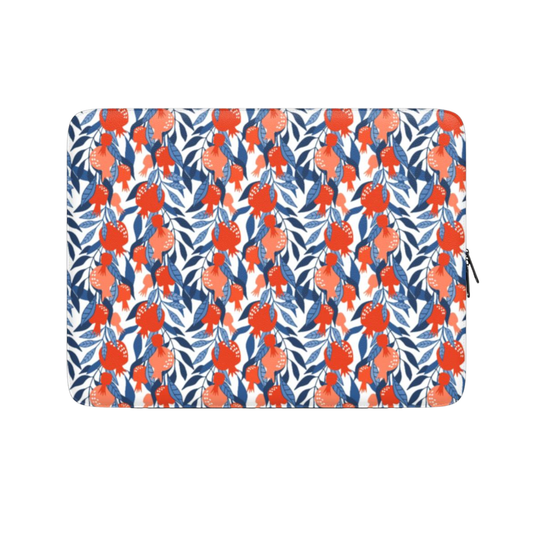Floral patterned pouch with red and blue flowers on a white background