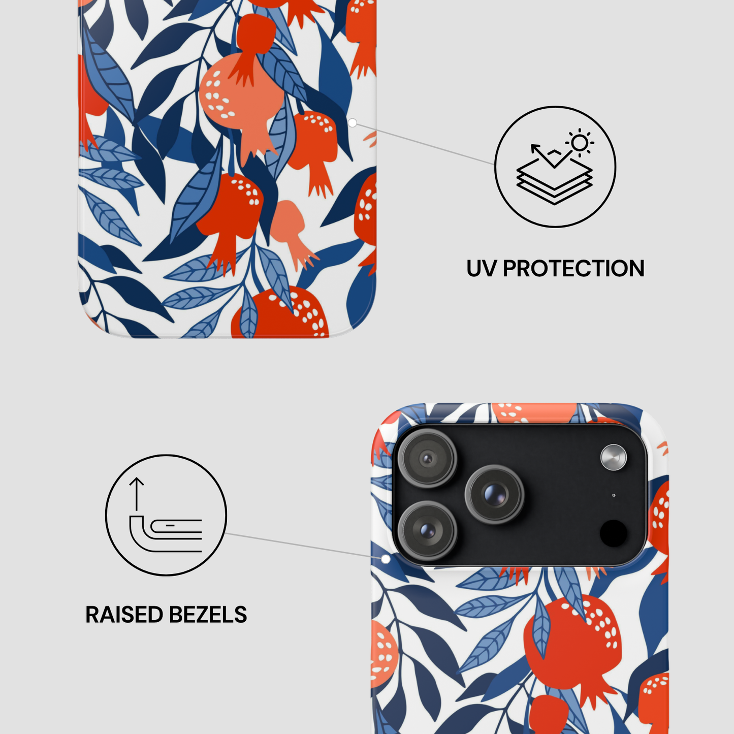 Phone case with floral design and UV protection and raised bezels features