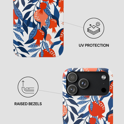 Phone case with floral design and UV protection and raised bezels features