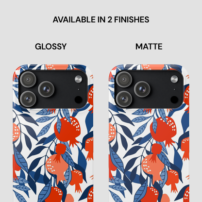 Two phone case designs with pomegranate and leaf pattern, labeled 'Glossy' and 'Matte'.
