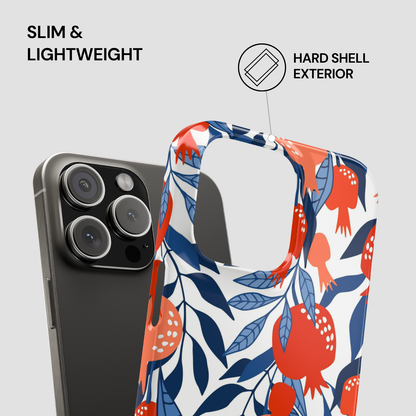 Phone case with floral design and text highlighting features on a gray background