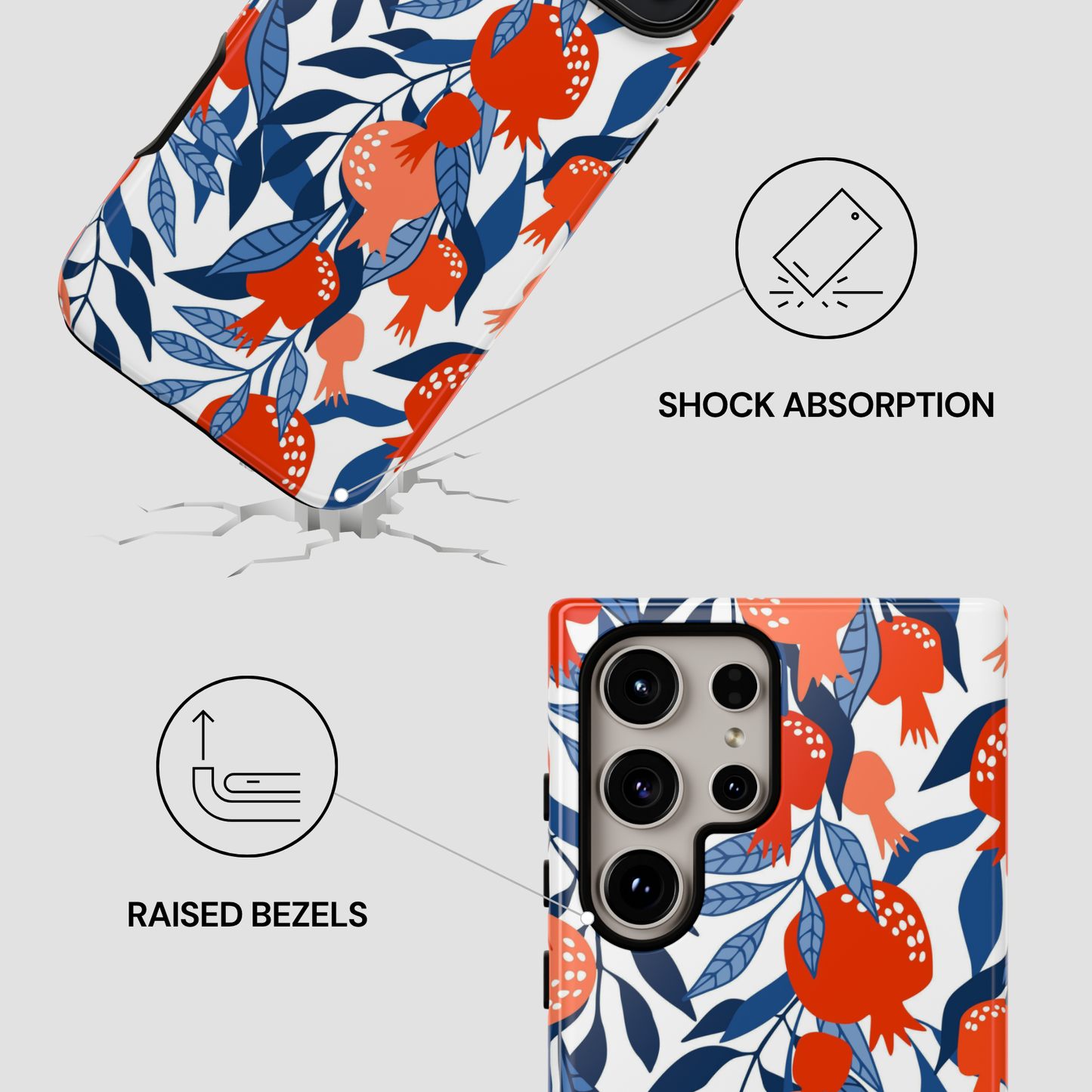 Phone case with pomegranate pattern and features highlighted on a white background