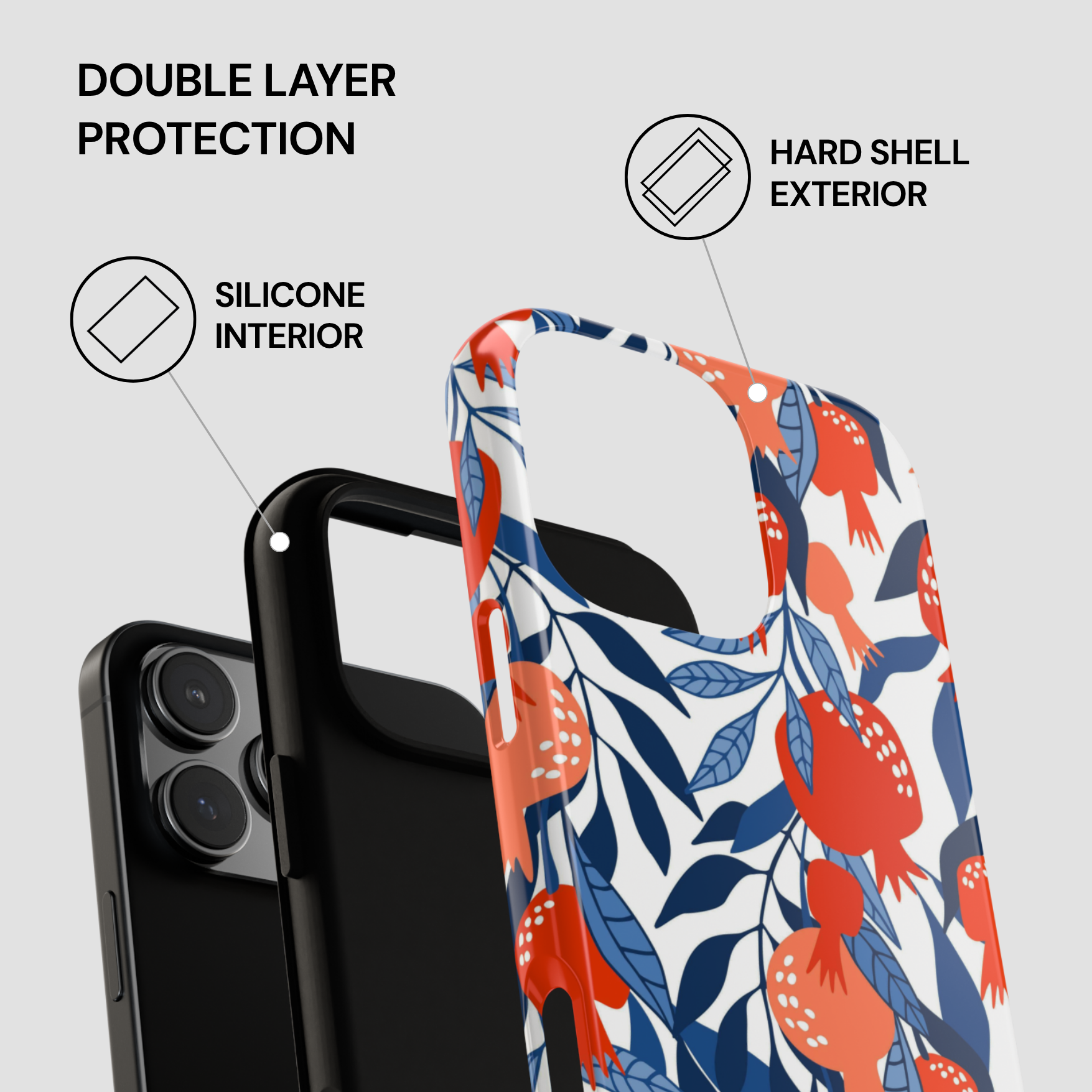 Phone case with floral design and text highlighting double layer protection on a gray background