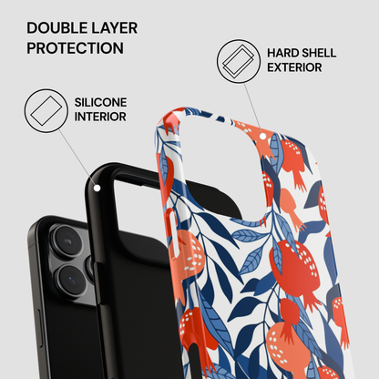 Phone case with floral design and text highlighting double layer protection on a gray background