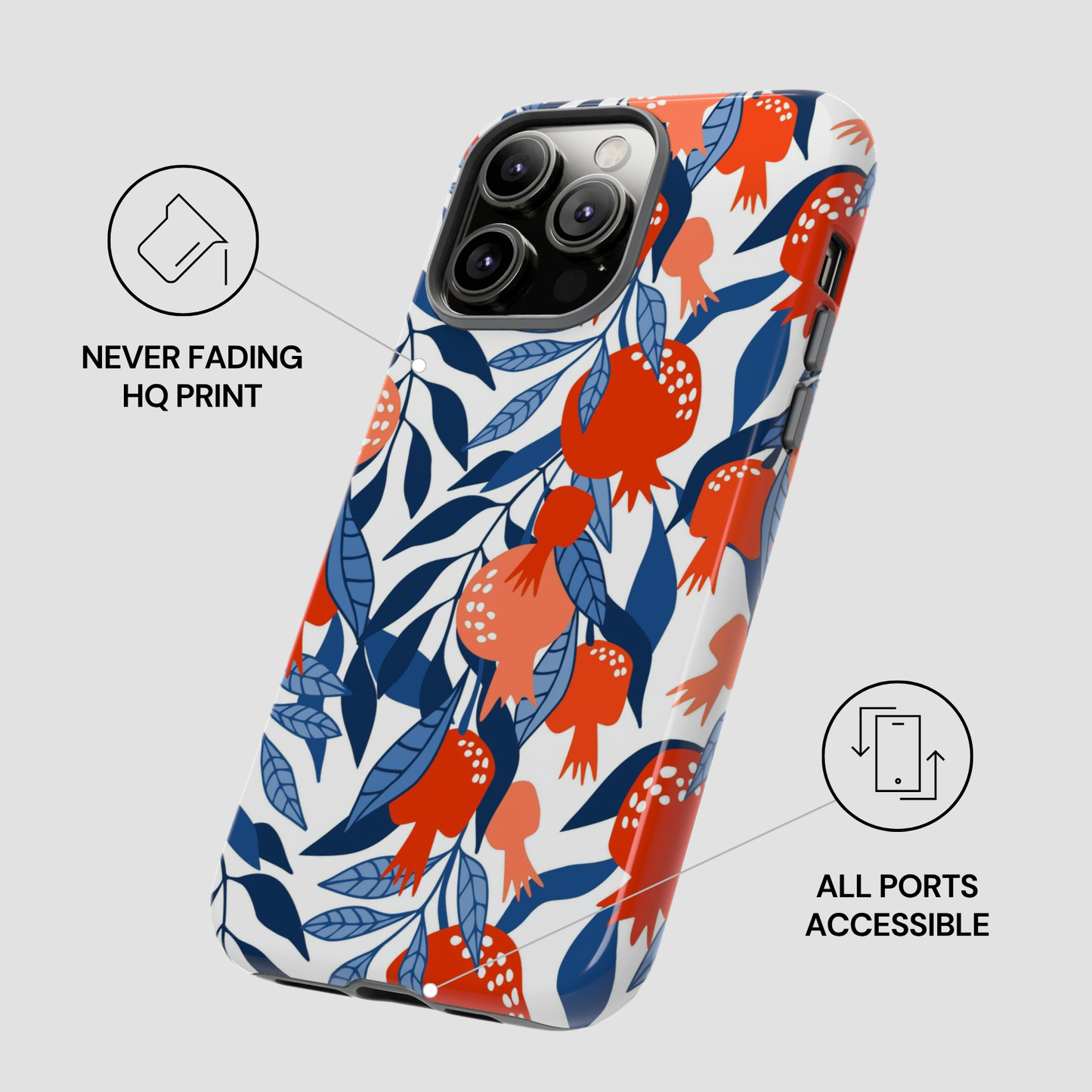 Phone case with pomegranate design on a white background
