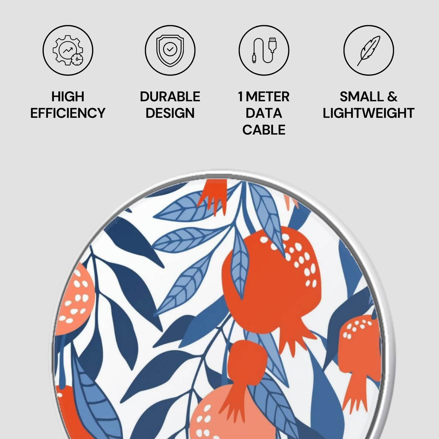 Product with leaf and pomegranate design, featuring icons and text on a light gray background.