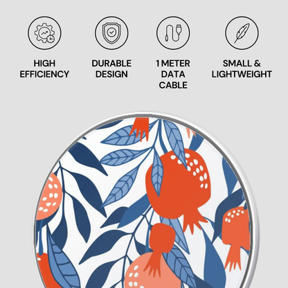 Product with leaf and pomegranate design, featuring icons and text on a light gray background.