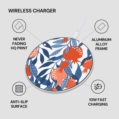 Wireless charger with floral design on a gray background, featuring text about its features.