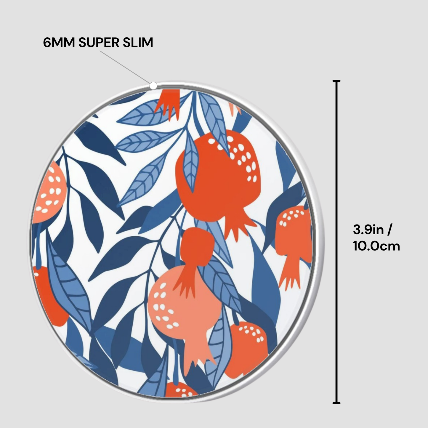 Circular product with pomegranate design and measurements on a light gray background