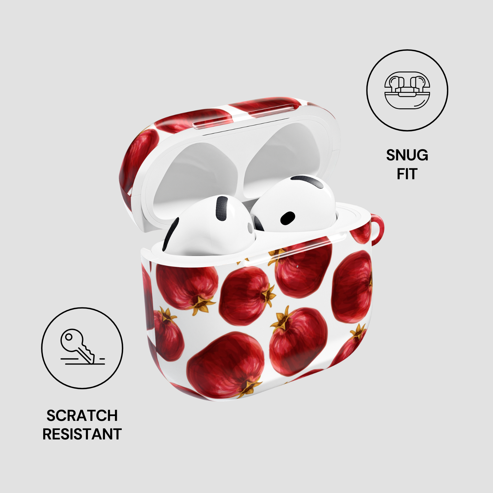 AirPods case with red pomegranate design on a light gray background