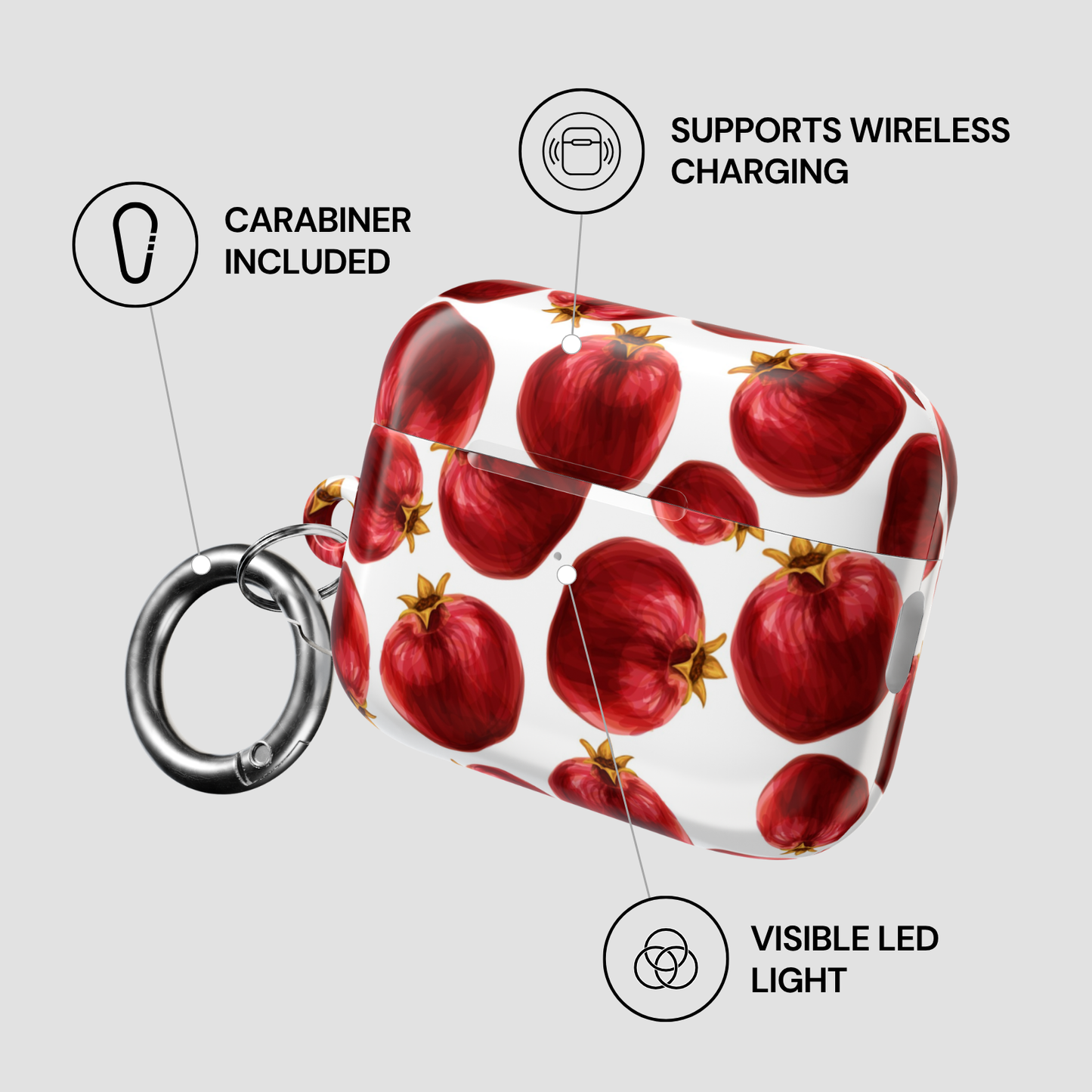Product with red pomegranate design, carabiner, wireless charging, and LED light features on a gray background.