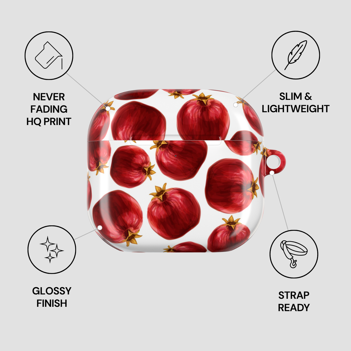 Product case with red apple pattern and feature icons on a light gray background