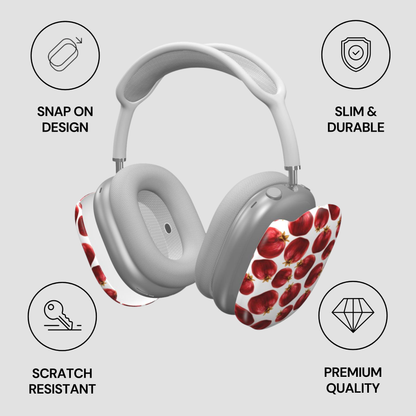 Gray headphones with red heart designs on ear cups, featuring icons and text about product features.