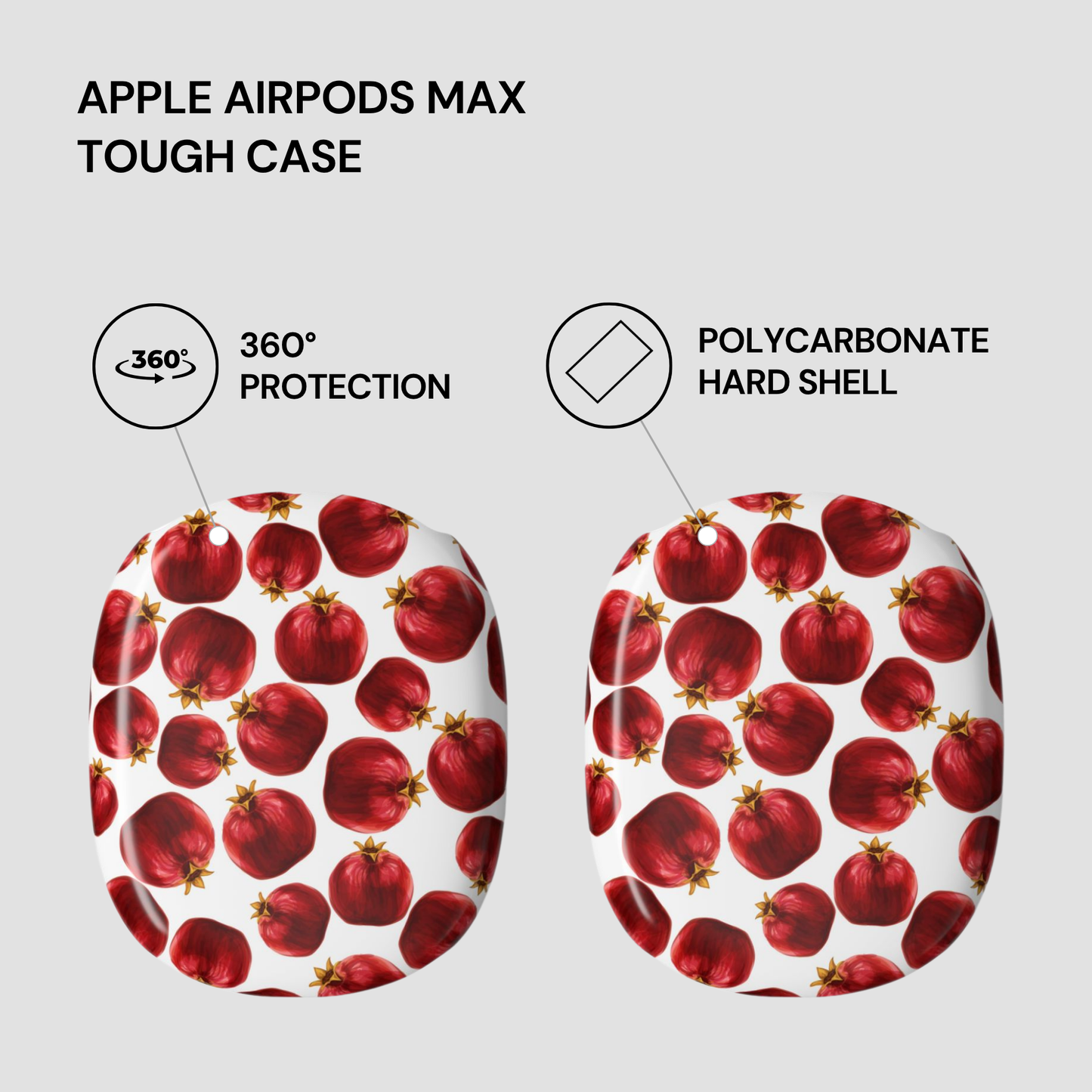 Apple AirPods Max tough case with pomegranate pattern on a light gray background