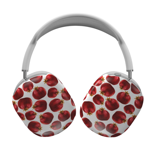 Headphones with red fruit pattern on a white background