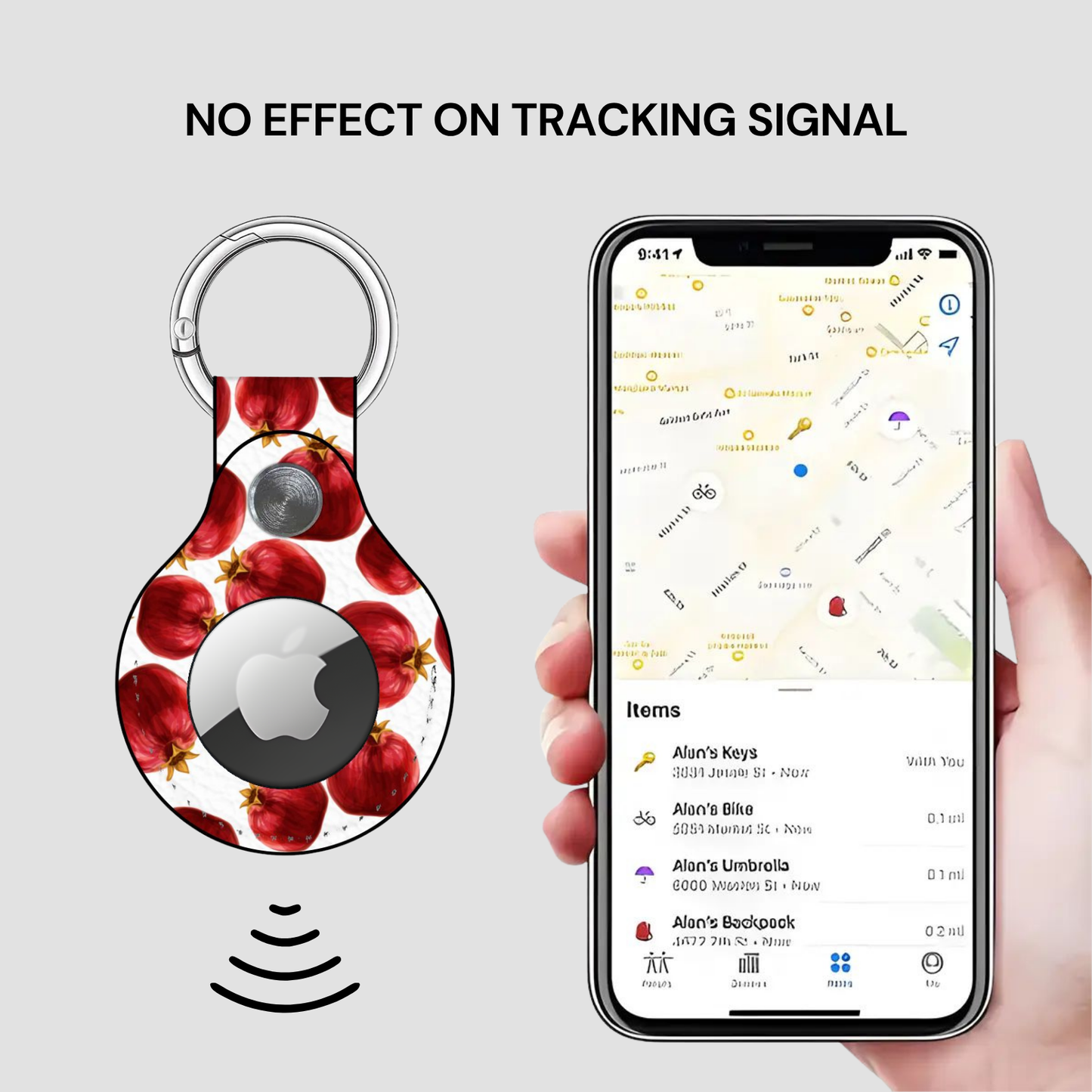 Smart keychain with fruit design and phone app showing location tracking on a gray background